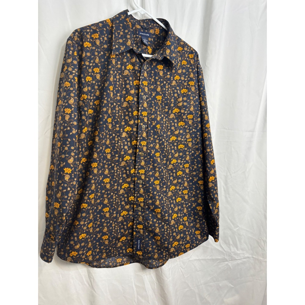 Structure Mens Large Navy Blue Yellow Floral Paisley Cotton Button Down Shirt